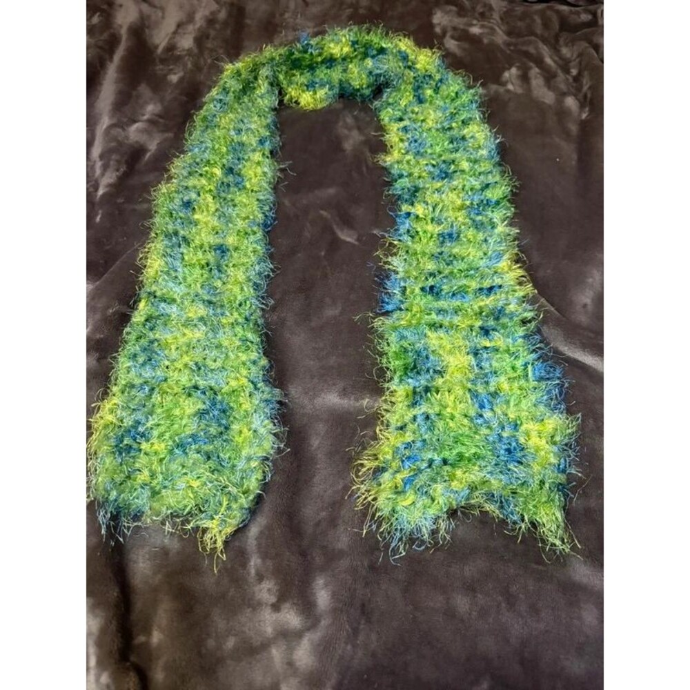 Handmade Fuzzy Crochet Scarf Lime Green Blue Y2K Fairy Grunge Dopamine Eyelash - Picture 2 of 7